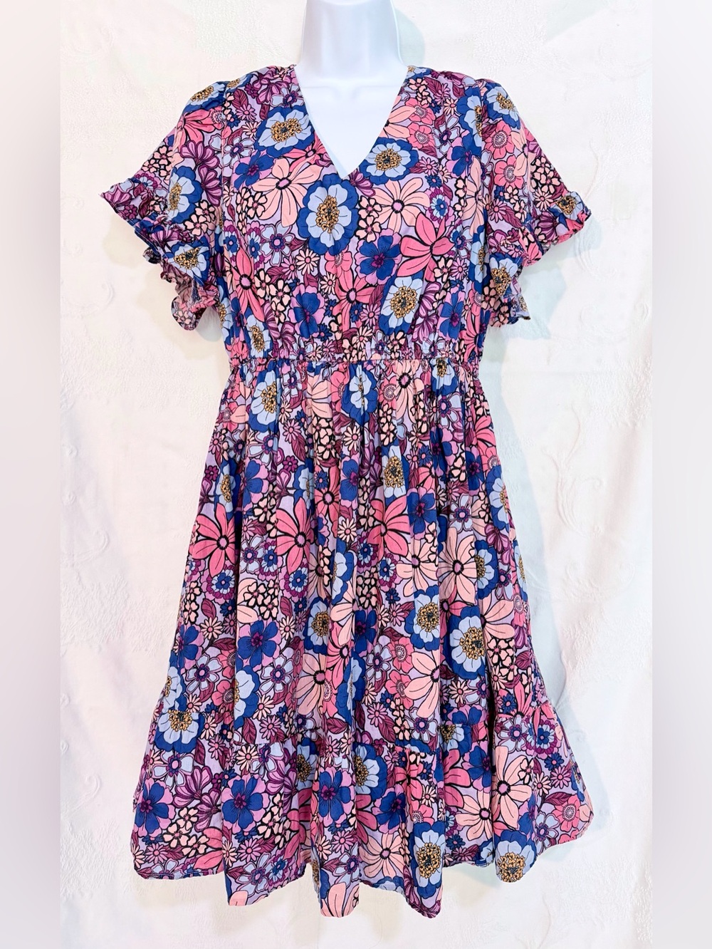 Terra & Sky Pink and Blue Floral V-Neck Casual Dress D0056